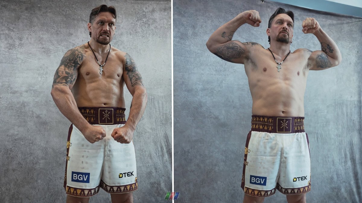 Oleksandr Usyk posing shirtless during Giza fight week media duties ahead of his clash with Rico Verhoeven
