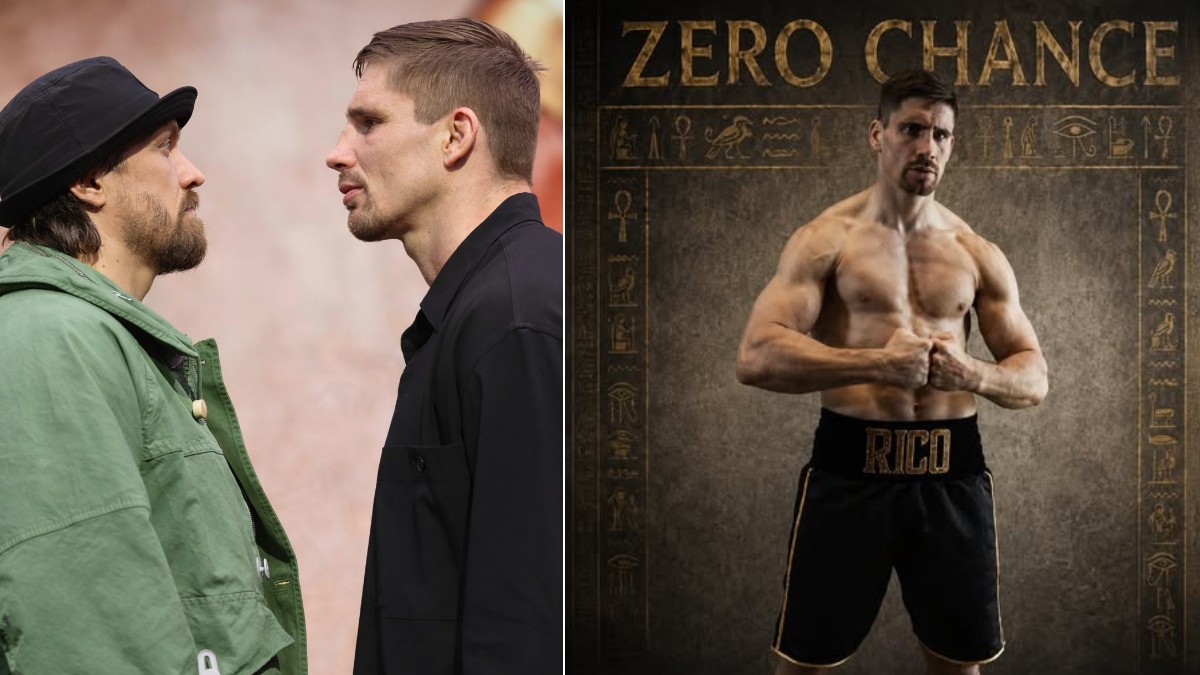 Oleksandr Usyk faces off with Rico Verhoeven alongside a “Zero Chance” promotional image ahead of their Giza crossover fight.
