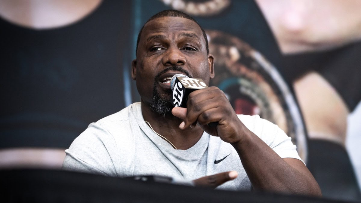 Former heavyweight champion Hasim Rahman speaks during a boxing media event ahead of his planned comeback attempt at 53 years old