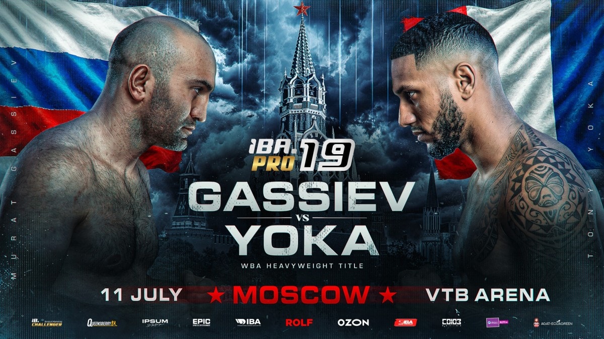 Official promotional poster for Murat Gassiev vs Tony Yoka featuring the heavyweights facing off ahead of their July 11 WBA heavyweight title fight in Moscow