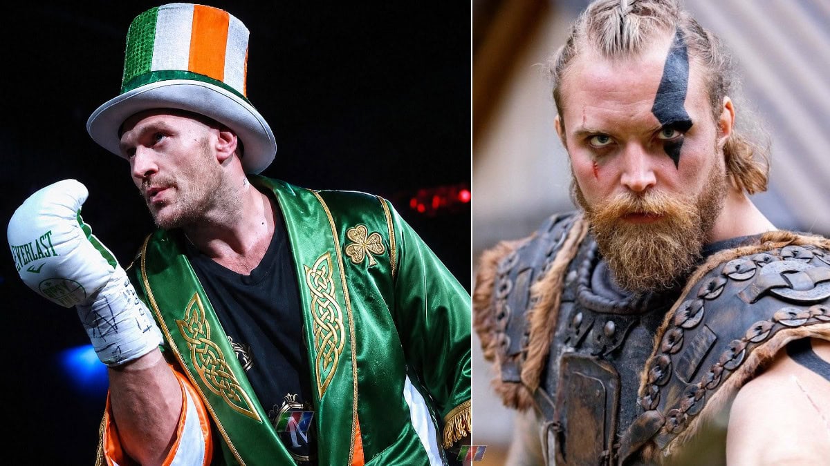 Tyson Fury in Irish-themed ring attire alongside unbeaten Norwegian heavyweight Thomas Narmo, known as the