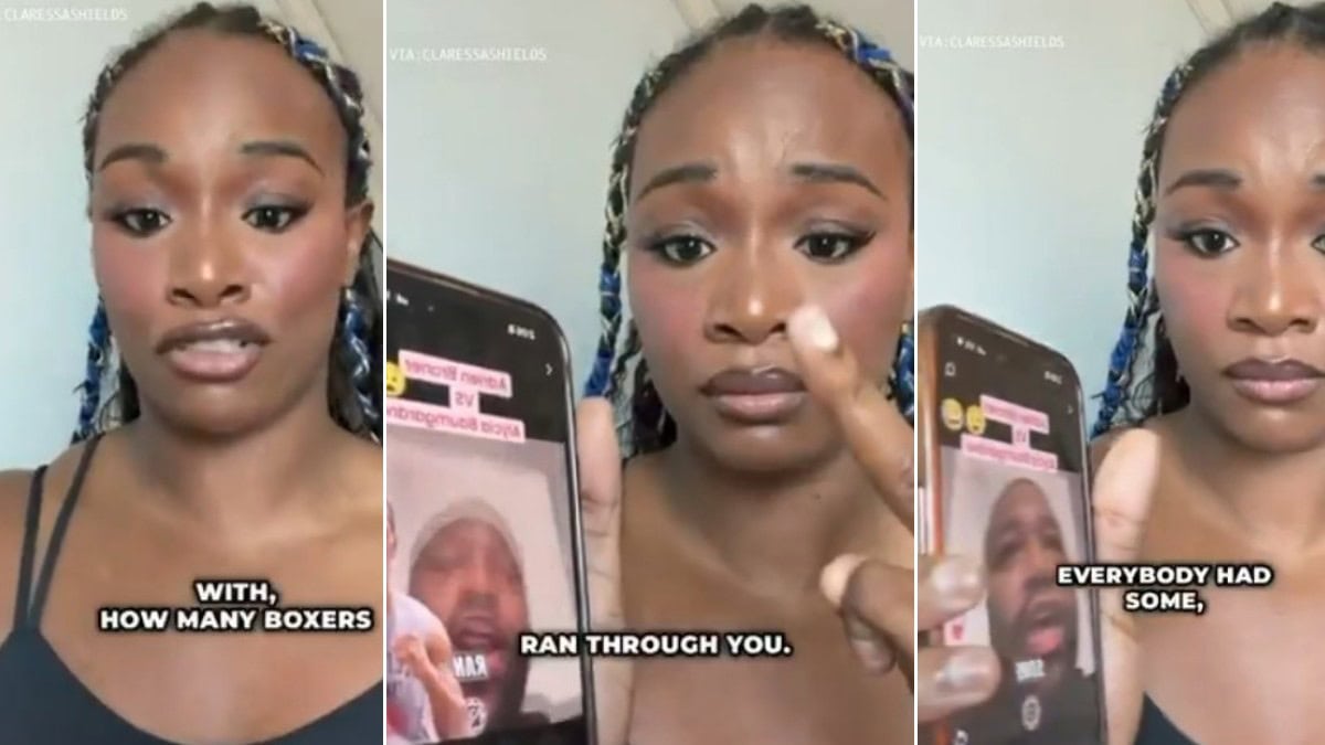 Claressa Shields reacts during an Instagram Live rant about Alycia Baumgardner while holding up a phone playing a video clip referencing claims about multiple fighters.