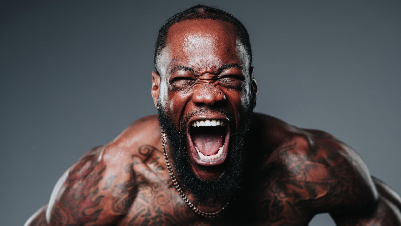 Deontay Wilder screams during a promotional photo shoot ahead of his heavyweight comeback