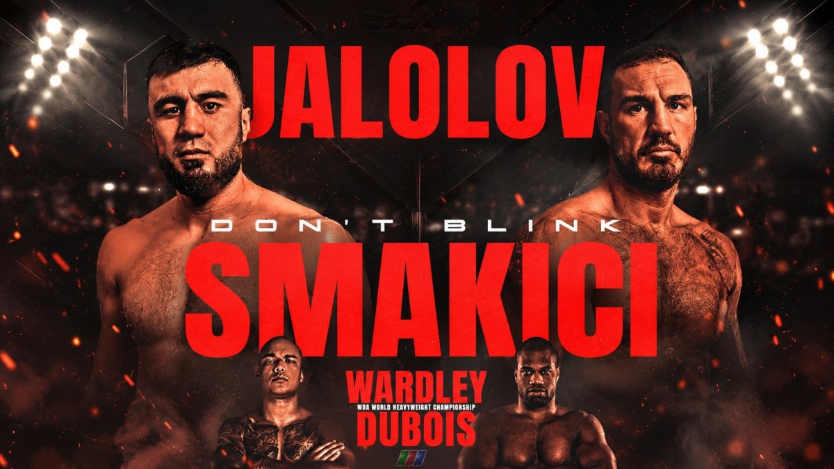 Bakhodir Jalolov and Agron Smakici on a fight poster for their heavyweight clash in Manchester on the Wardley vs Dubois undercard.