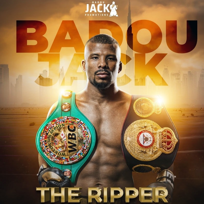 Une image promotionnelle de Badou Jack détenant les titres WBC et WBA