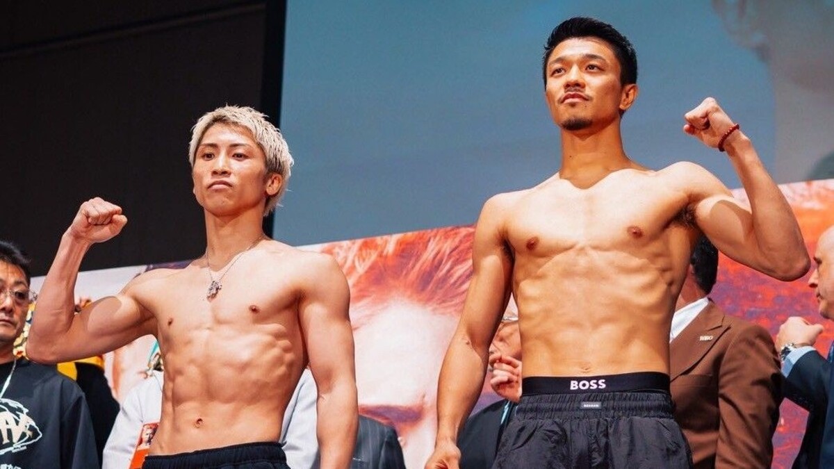 Naoya Inoue and Junto Nakatani pose during the official weigh-in ahead of their super bantamweight world title fight at Tokyo Dome.