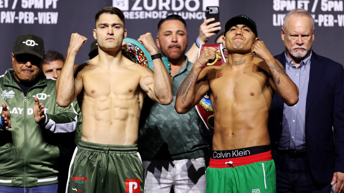 Oscar Duarte and Angel Fierro pose at weigh-in before super lightweight fight in Las Vegas