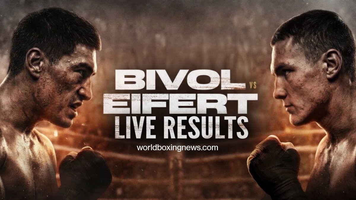 Dmitry Bivol and Michael Eifert face off in promotional artwork for their IBF light heavyweight title fight in Ekaterinburg, Russia, with live results coverage from World Boxing News.