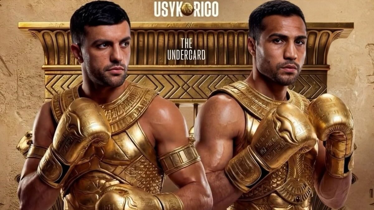 Jack Catterall and Shakhram Giyasov pose in Egyptian-themed artwork ahead of their welterweight fight on the Usyk vs Rico Verhoeven undercard in Giza.