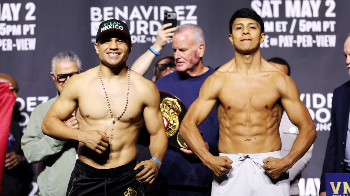 Jaime Munguia and Jose Armando Resendiz pose at weigh-in before WBA super middleweight title fight in Las Vegas