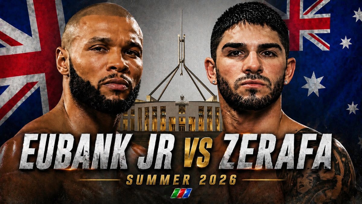 Chris Eubank Jr and Michael Zerafa promotional image with UK and Australian flags ahead of proposed Australia stadium fight.