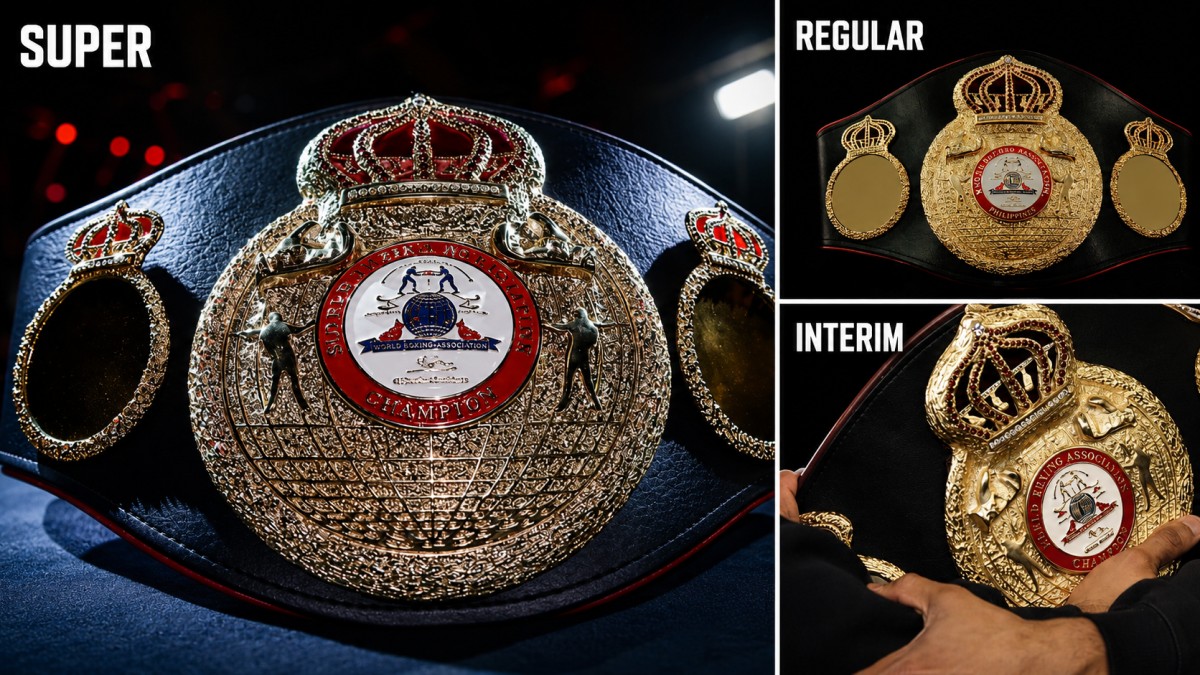 WBA super, regular and interim title belts shown together to illustrate boxing’s secondary title confusion.