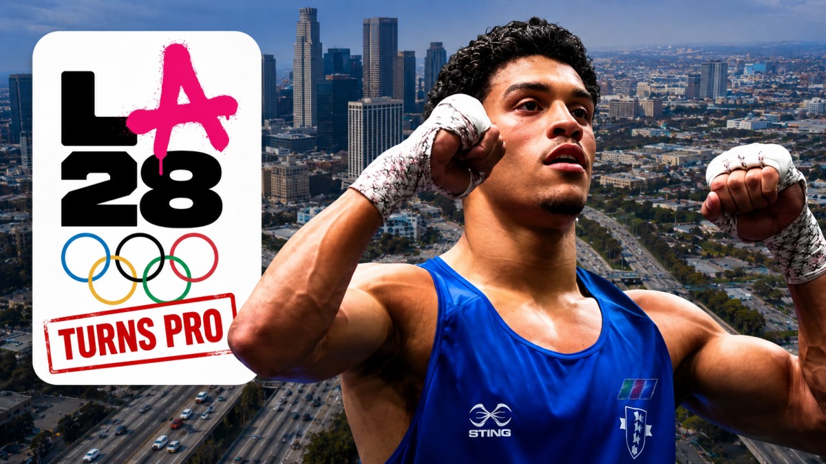 Odel Kamara pictured in GB Boxing kit alongside the LA28 Olympic logo with a red “Turns Pro” stamp after leaving the GB Boxing programme to pursue a professional boxing career.