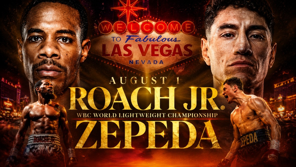 Lamont Roach Jr. and William Zepeda appear on a promotional poster for their August 1 WBC lightweight world title fight in Las Vegas, Nevada.
