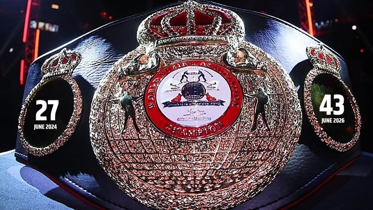 WBA championship belt graphic showing the rise in recognized champions from 27 in June 2024 to 43 in June 2026 amid continued debate over title proliferation.