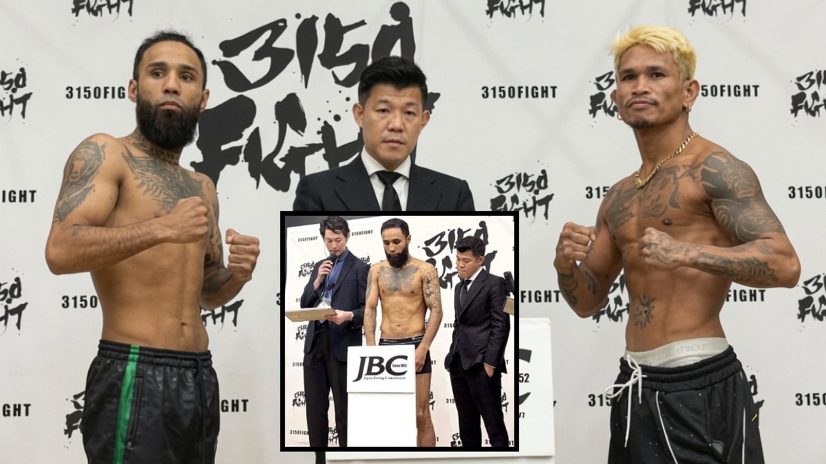 Luis Nery and John Riel Casimero pose after weighing in for their fight in Japan, with an inset image showing Nery during the official weigh-in where he missed weight by three pounds.