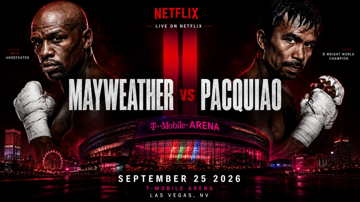 Floyd Mayweather and Manny Pacquiao face off in a promotional image featuring the T-Mobile Arena in Las Vegas and Netflix branding ahead of a proposed September 25 rematch