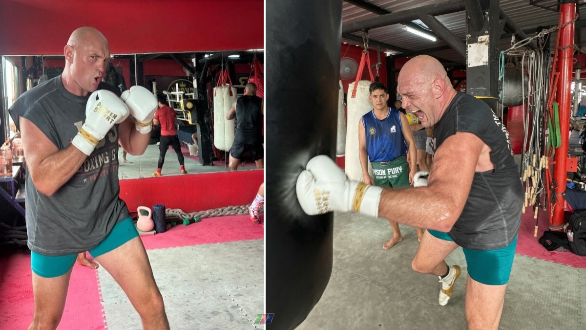 Tyson Fury wears Paffen Sport gloves during a training session ahead of his planned return to the ring in 2026.