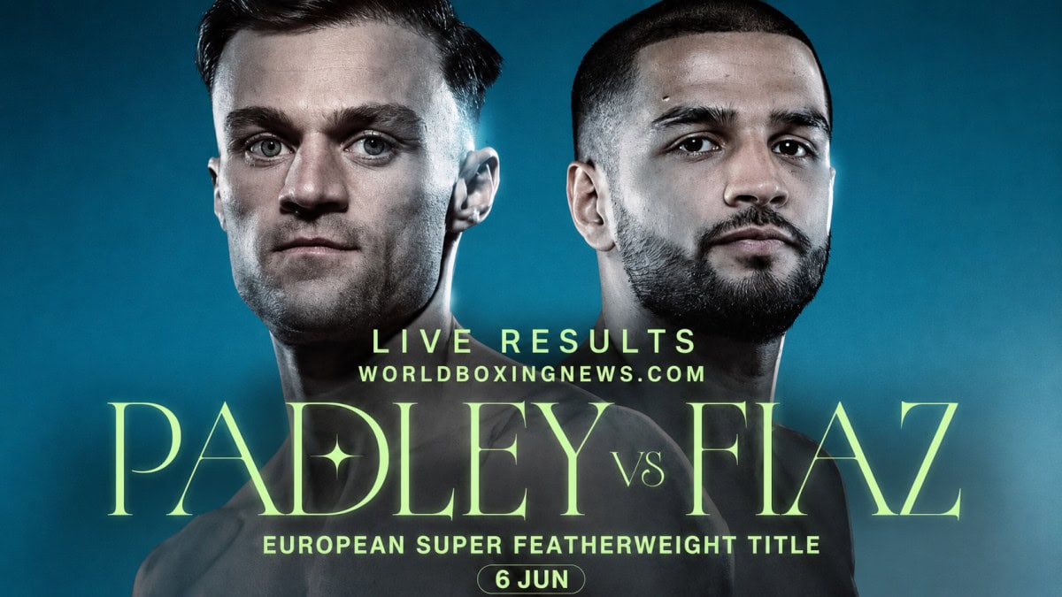 Josh Padley and Aqib Fiaz promotional graphic for their European super featherweight title fight in Sheffield, featuring both fighters ahead of the June 6 contest