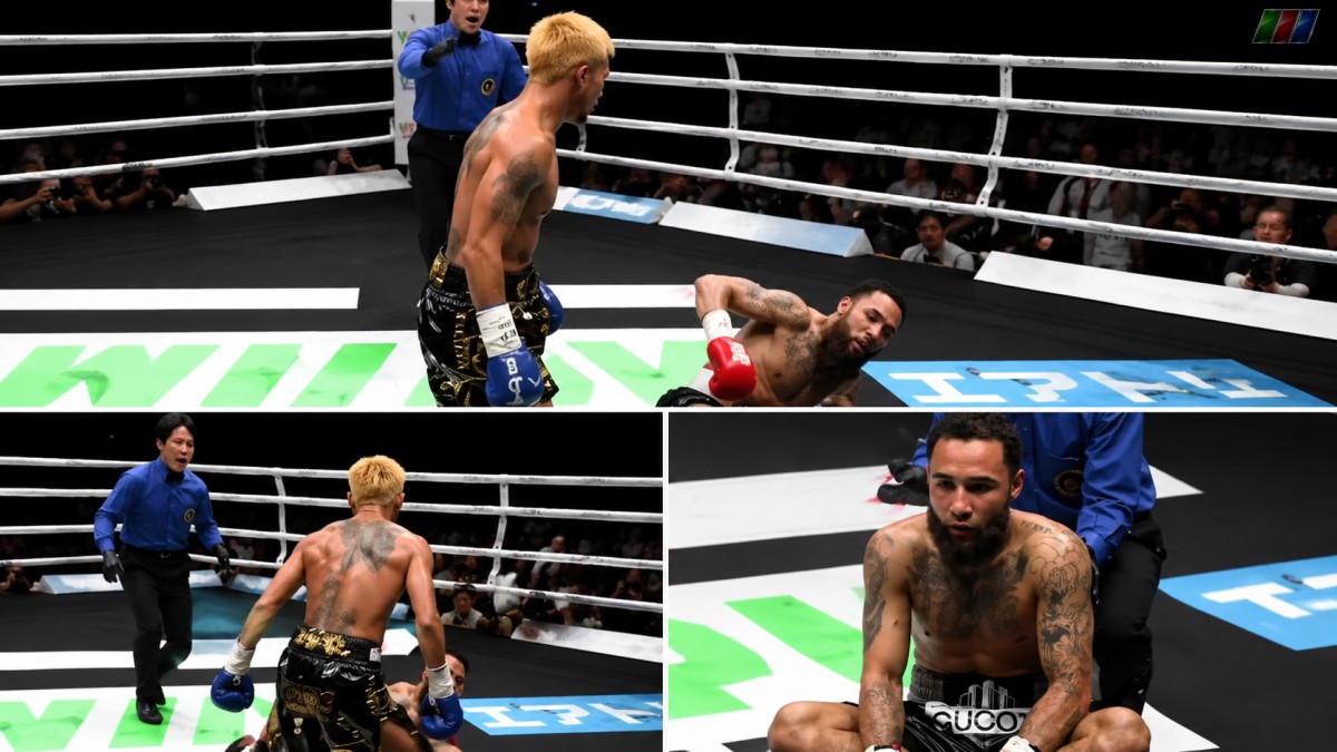 Luis Nery sits on the canvas after one of six knockdowns suffered against John Riel Casimero during their fight in Japan