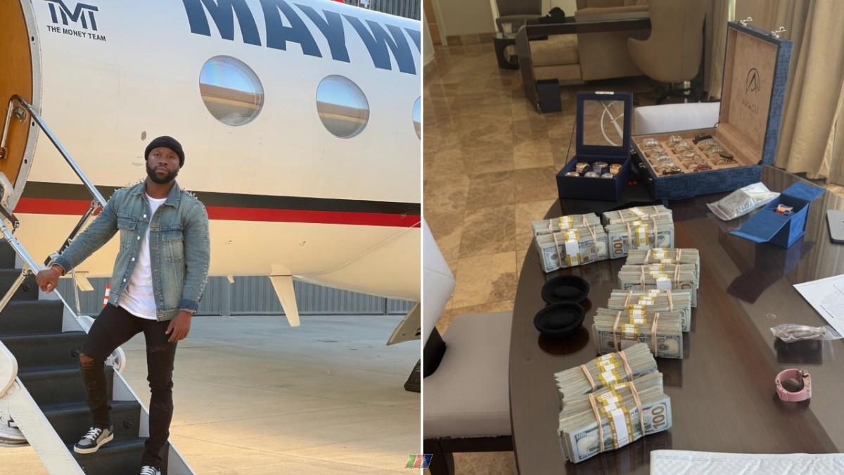 Floyd Mayweather stands beside a private jet while stacks of cash and luxury watches sit on a table amid growing scrutiny over the boxer