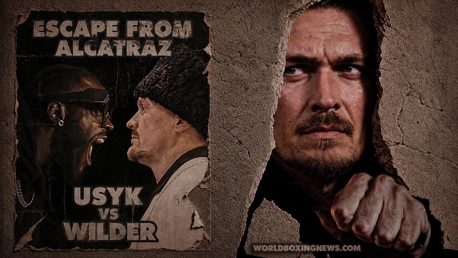 Oleksandr Usyk peers through a cracked prison wall beside a weathered Escape From Alcatraz poster featuring a proposed Usyk vs Deontay Wilder fight after the cancellation of the San Francisco boxing event