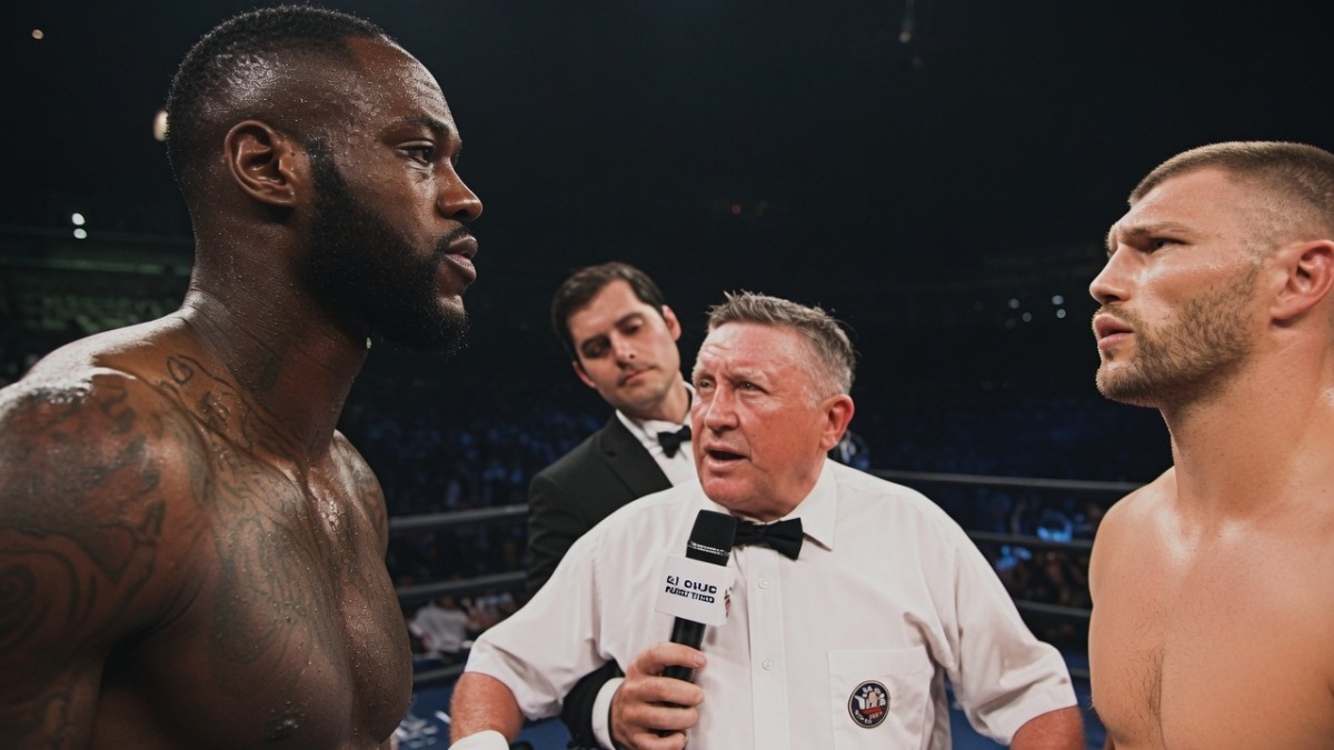 Deontay Wilder and Evgeny Romanov face off in the ring before their amateur bout, with a referee standing between the two fighters during the pre-fight instructions