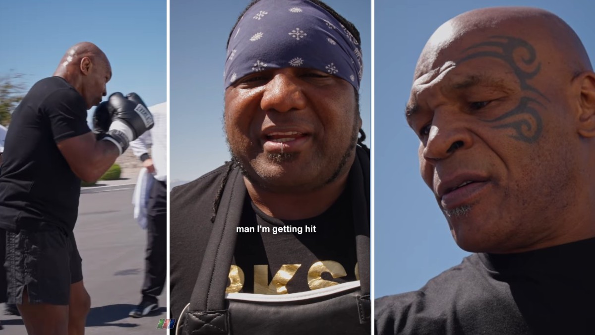 Mike Tyson trains outdoors ahead of a potential return at age 60, with the former heavyweight champion shown shadowboxing, speaking during a workout, and preparing for another intense training session amid uncertainty over his next opponent