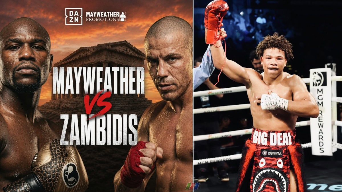 Floyd Mayweather vs Mike Zambidis promotional artwork appears alongside Curmel Moton celebrating in the ring as questions remain over his absence from the announced June 27 undercard