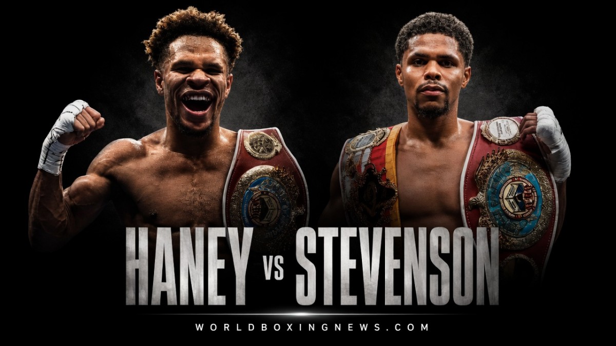 Devin Haney and Shakur Stevenson pictured with championship belts as discussions continue over a proposed catchweight fight amid WBO title complications