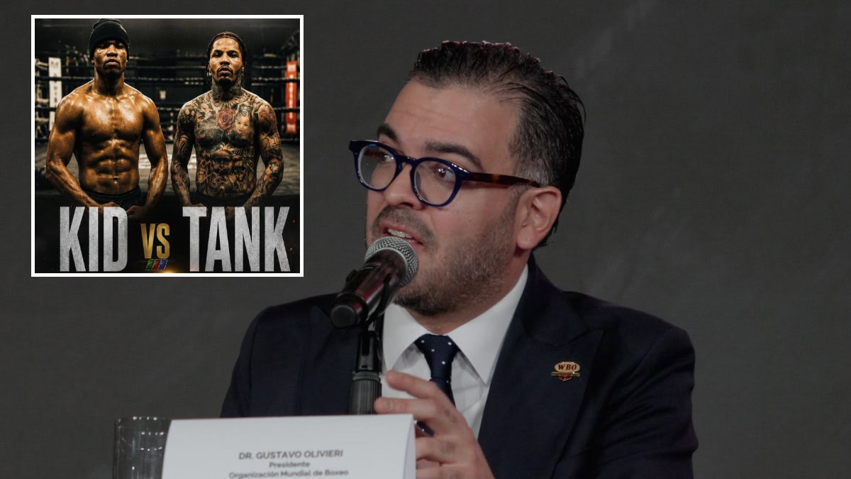 Gustavo Olivieri speaks as Floyd Schofield and Gervonta Davis are shown in an inset image amid a WBO response to deleted social media claims