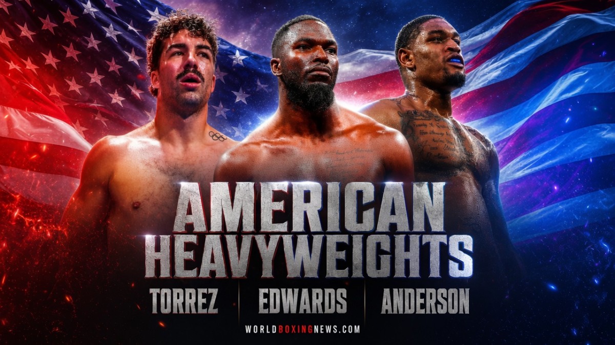 American heavyweights Richard Torrez, Joshua Edwards and Jared Anderson are pictured beneath a US flag backdrop as the race to produce America