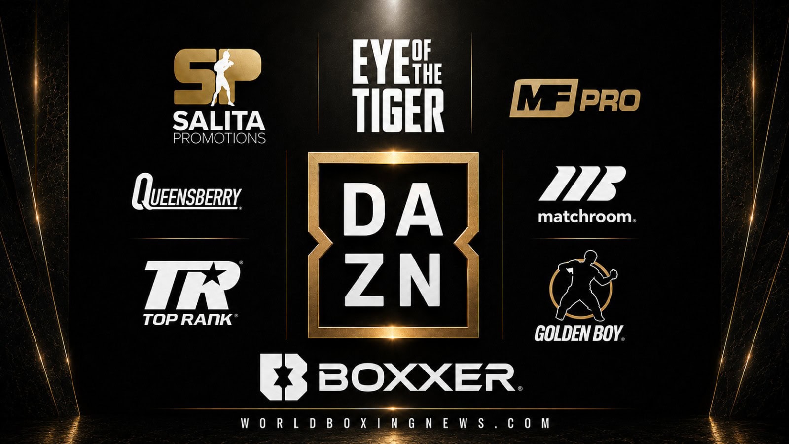 DAZN promotional graphic showing its boxing promoter roster in 2026, featuring logos for Matchroom Boxing, Queensberry, Top Rank, Golden Boy Promotions, BOXXER, Salita Promotions, Eye of the Tiger, and MF Pro surrounding the DAZN logo