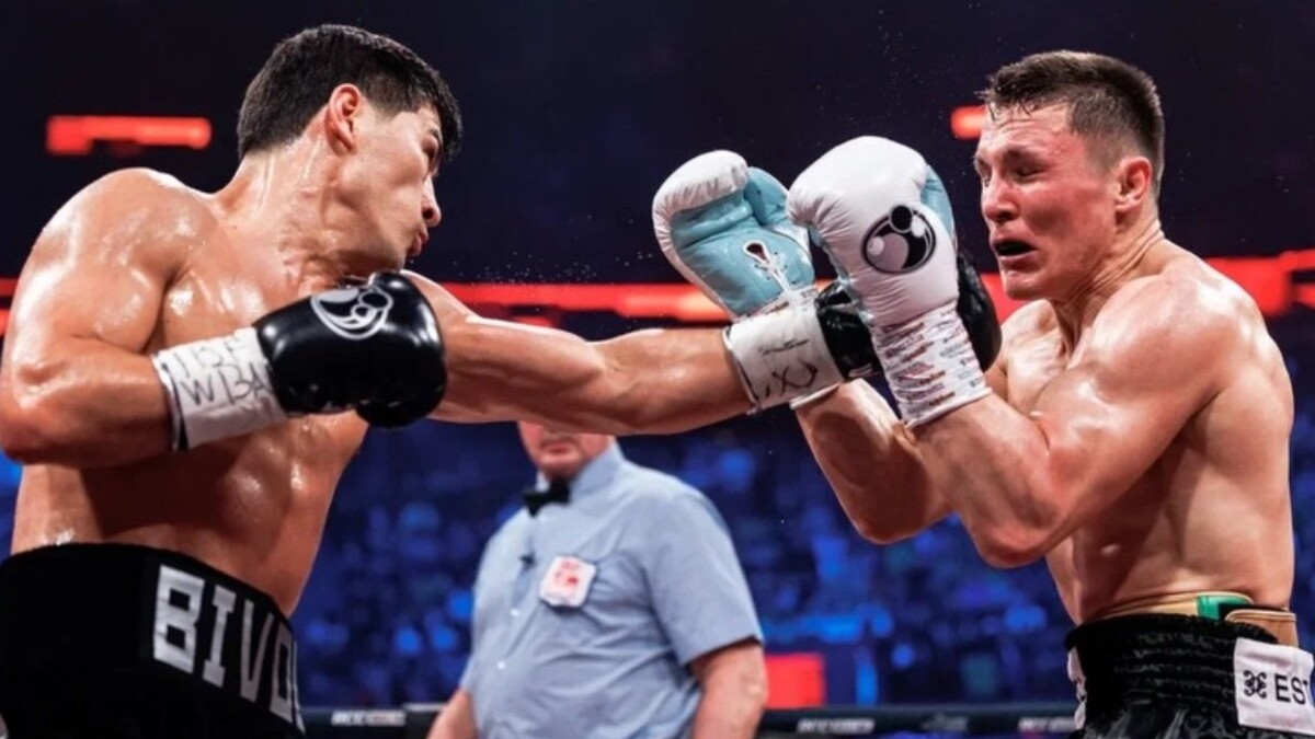 Dmitry Bivol lands a jab on Michael Eifert during their world light heavyweight title fight in Russia