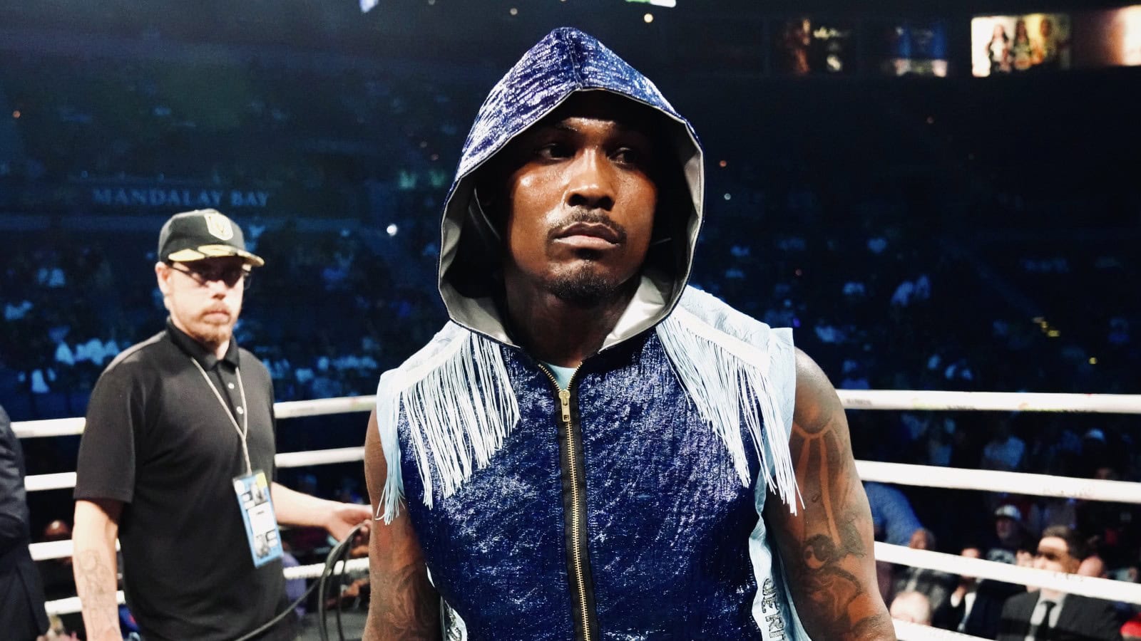 Jermall Charlo enters the ring ahead of his return bout against Australian opponent Koen Mazoudier on the Errol Spence Jr. vs Tim Tszyu undercard in Sydney