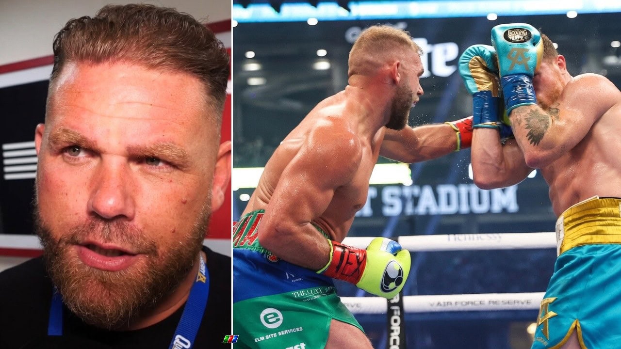 Billy Joe Saunders speaking during an interview alongside a ringside image of Saunders throwing a punch at Canelo Alvarez during their super middleweight title fight