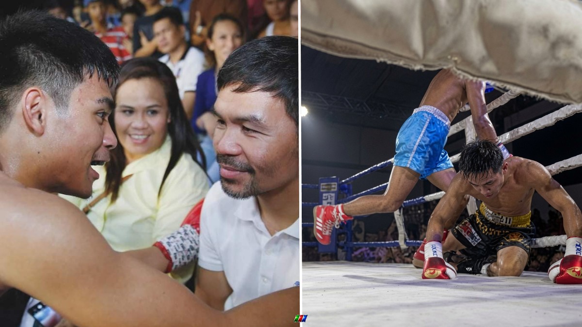 Eman Bacosa speaks with Manny Pacquiao at ringside alongside a photo of Bacosa during his defeat to Rodelyn Perez in the Philippine Boxing Federation youth lightweight title fight