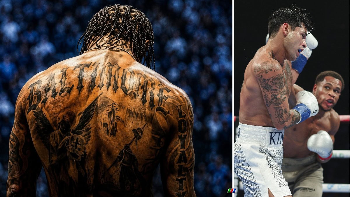 Split image showing Gervonta Davis from behind with tattoos visible and Devin Haney during a boxing match.