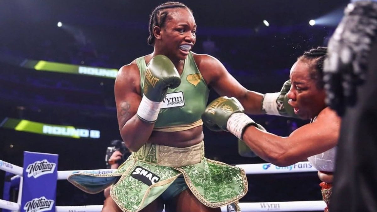 Claressa Shields lands a punch during her fight against Franchón Crews-Dezurn in the boxing ring
