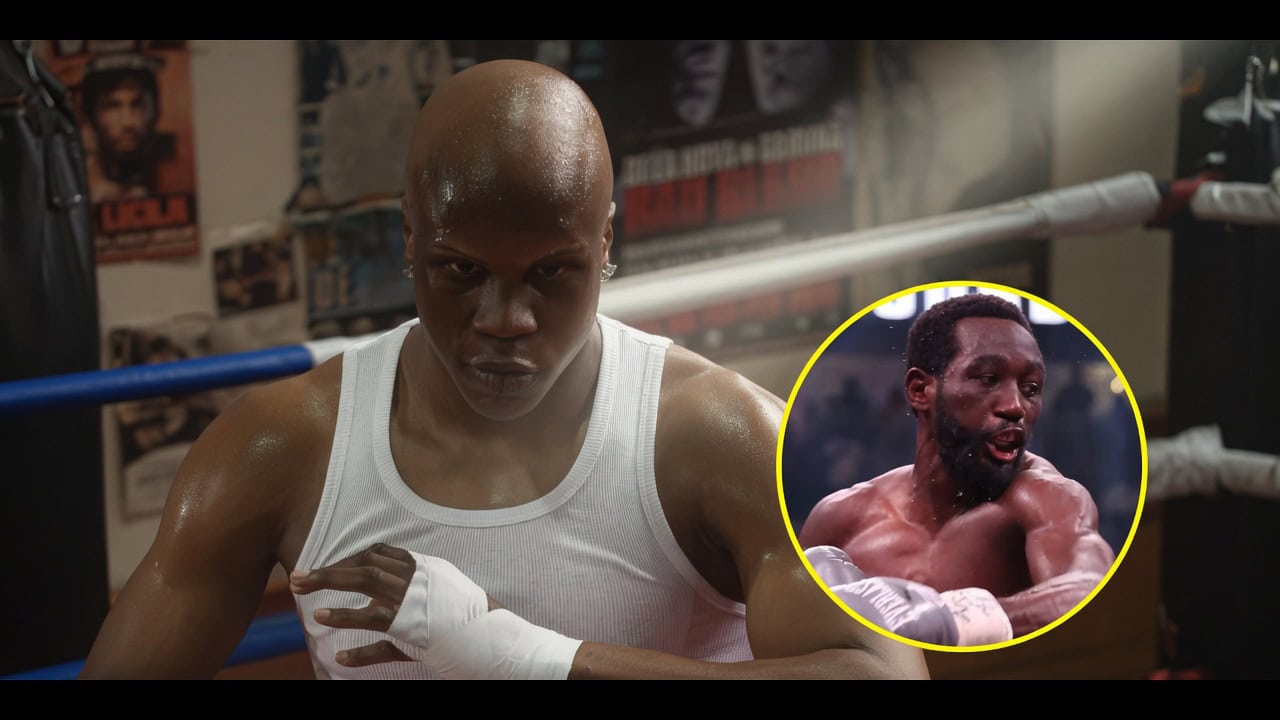 Atif Oberlton training in the gym with an inset image of Terence Crawford, illustrating the unbeaten light heavyweight