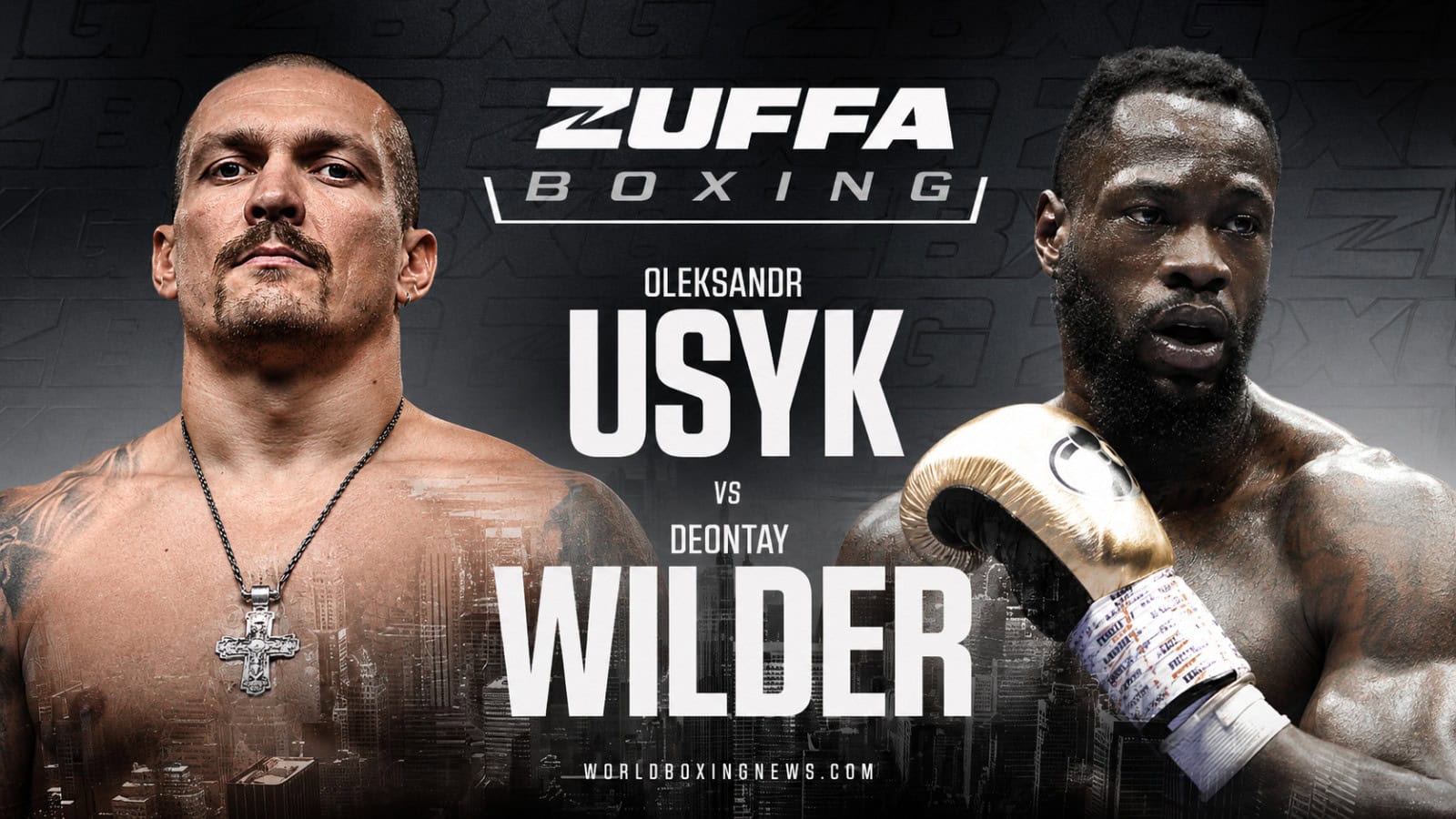 Oleksandr Usyk and Deontay Wilder pictured beneath the Zuffa Boxing logo as speculation grows over a potential heavyweight title fight following Usyk
