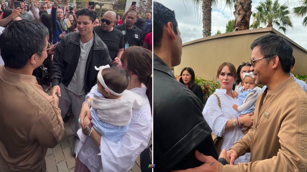 Manny Pacquiao shakes hands with WBC welterweight champion Ryan Garcia after church in Los Angeles as members of the Pacquiao family look on