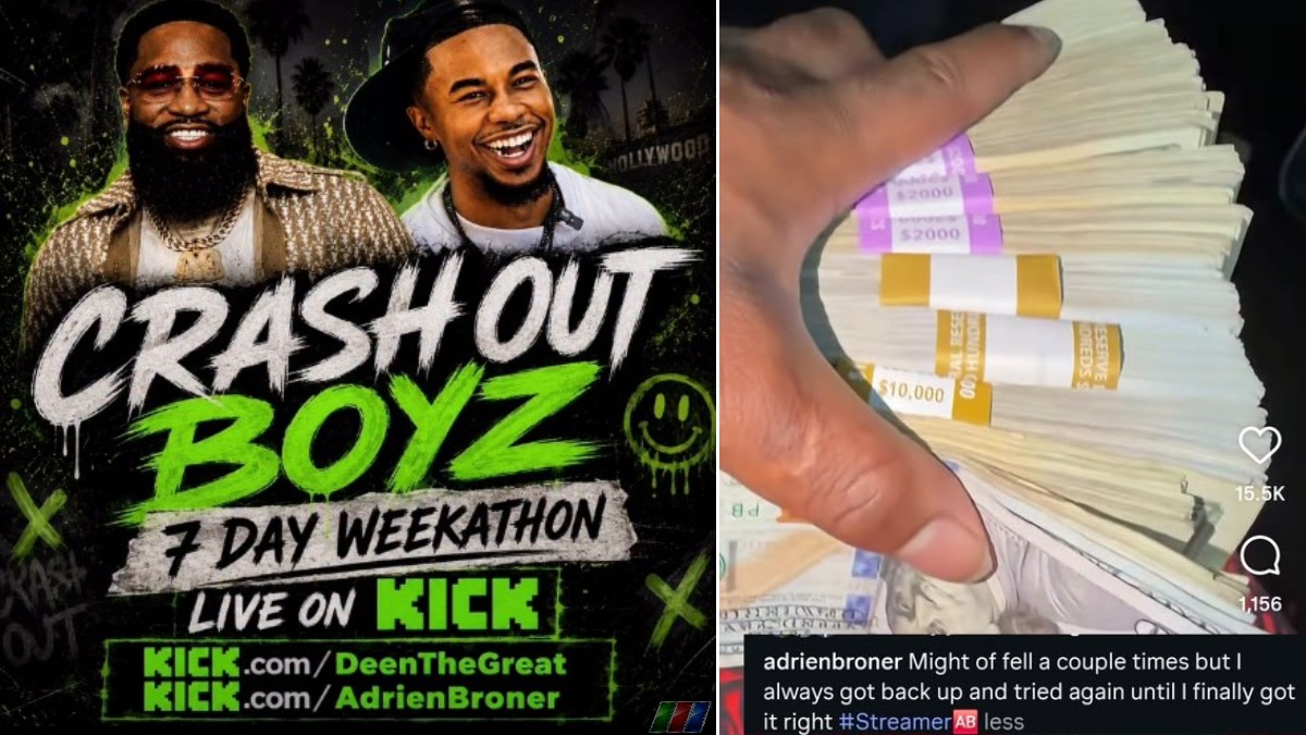 Adrien Broner promotes his 24/7 Truman Show livestream with DeenTheGreat alongside a social media image showing stacks of cash as he predicts becoming a millionaire again.
