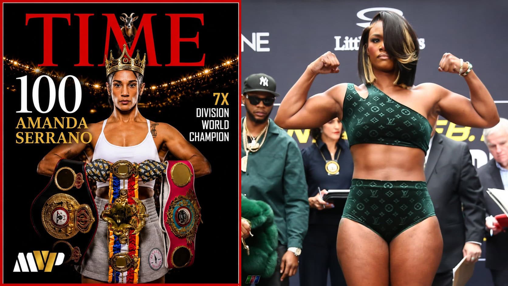 Amanda Serrano and Claressa Shields featured side by side in a World Boxing News graphic. Serrano appears on a TIME 100-style cover wearing multiple championship belts and a crown after being named to the inaugural TIME100 Sports list, while Shields poses during a weigh-in as debate continues over accomplishments, influence, and women
