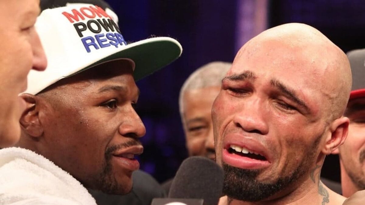 Floyd Mayweather and Ishe Smith during post-fight interview following Mayweather Promotions era success