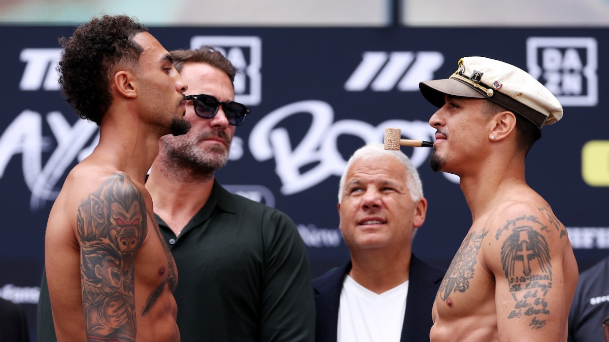 Ben Whittaker and Richard Rivera face off at the official weigh-in before their WBC Silver light heavyweight title fight at Barclays Center in Brooklyn, with Rivera wearing a captain