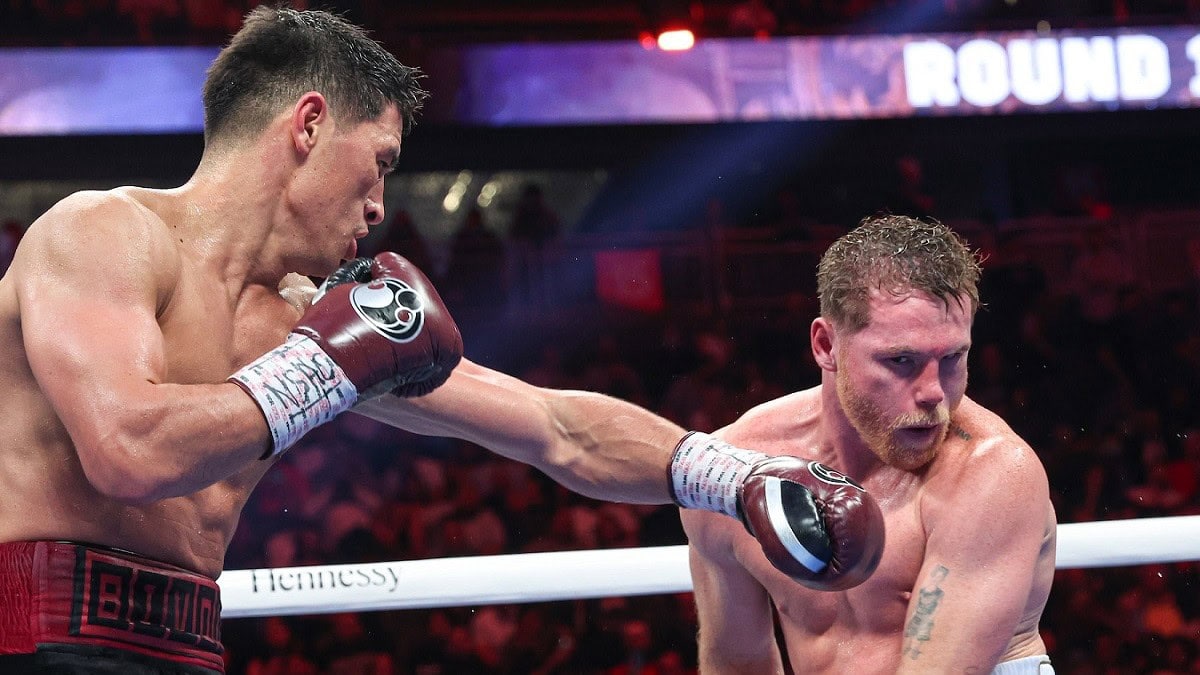 Dmitry Bivol lands a stiff left jab on Canelo Alvarez during their light heavyweight title fight at T-Mobile Arena in Las Vegas