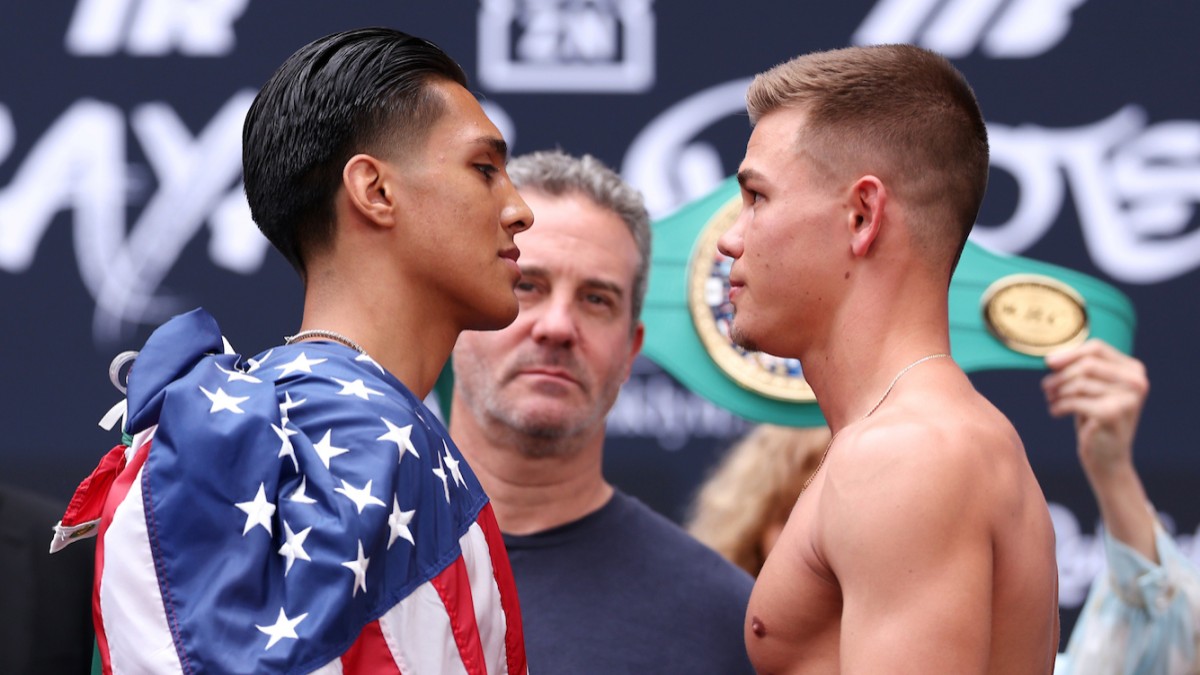 Emiliano Vargas and Bryce Mills face off at the official weigh-in before their NABF, WBC USA Silver and WBO Latino super lightweight title fight at Barclays Center in Brooklyn
