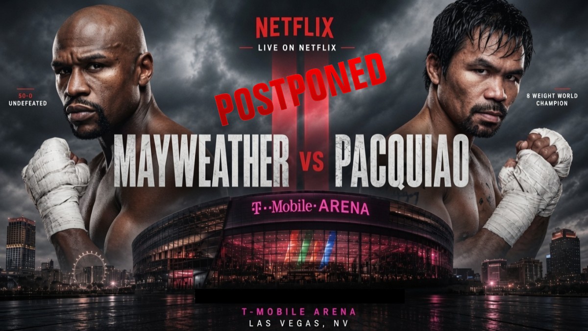 Promotional artwork of Floyd Mayweather and Manny Pacquiao with a red