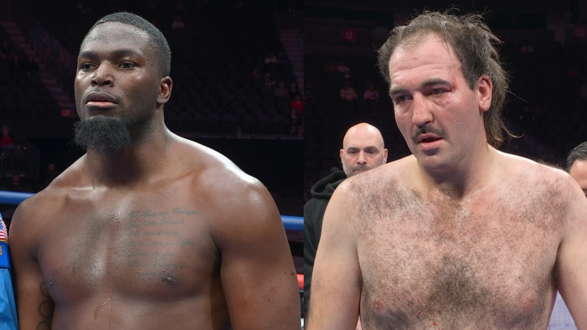 Joshua Edwards and Brandon Colantonio standing in a boxing ring after their heavyweight fight, both showing signs of damage as officials and corners stand behind them